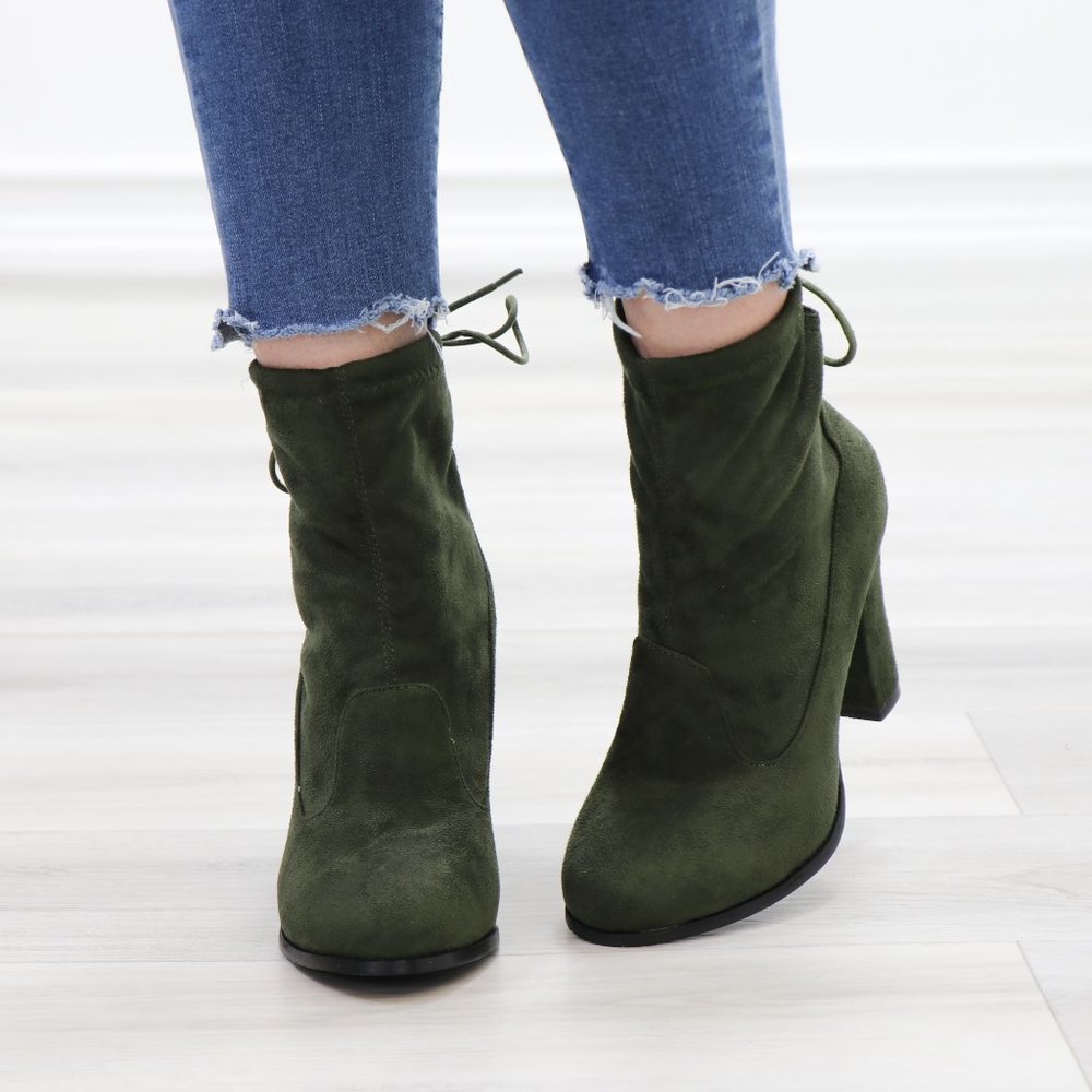 Round Toe Olive Suede Ankle Heeled Boots, Booties - Picture 11 of 12